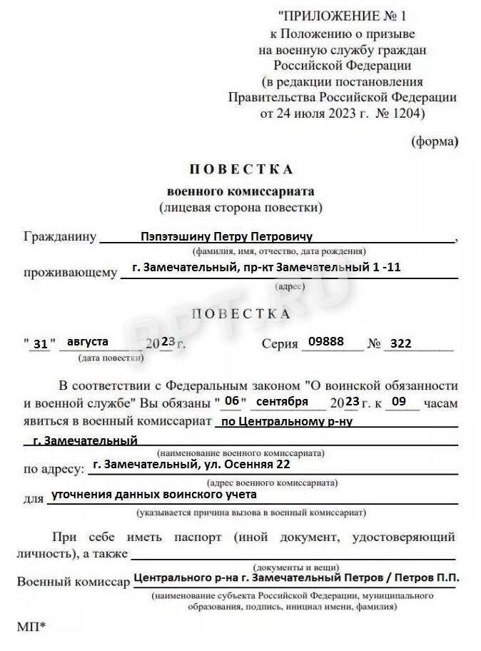 Что может быть указано в повестке для уточнения личных сведений