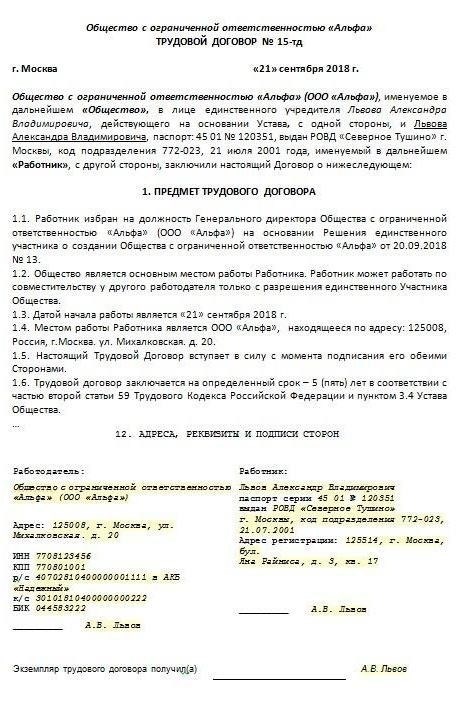 Юридические требования к составлению трудового договора с единственным акционером