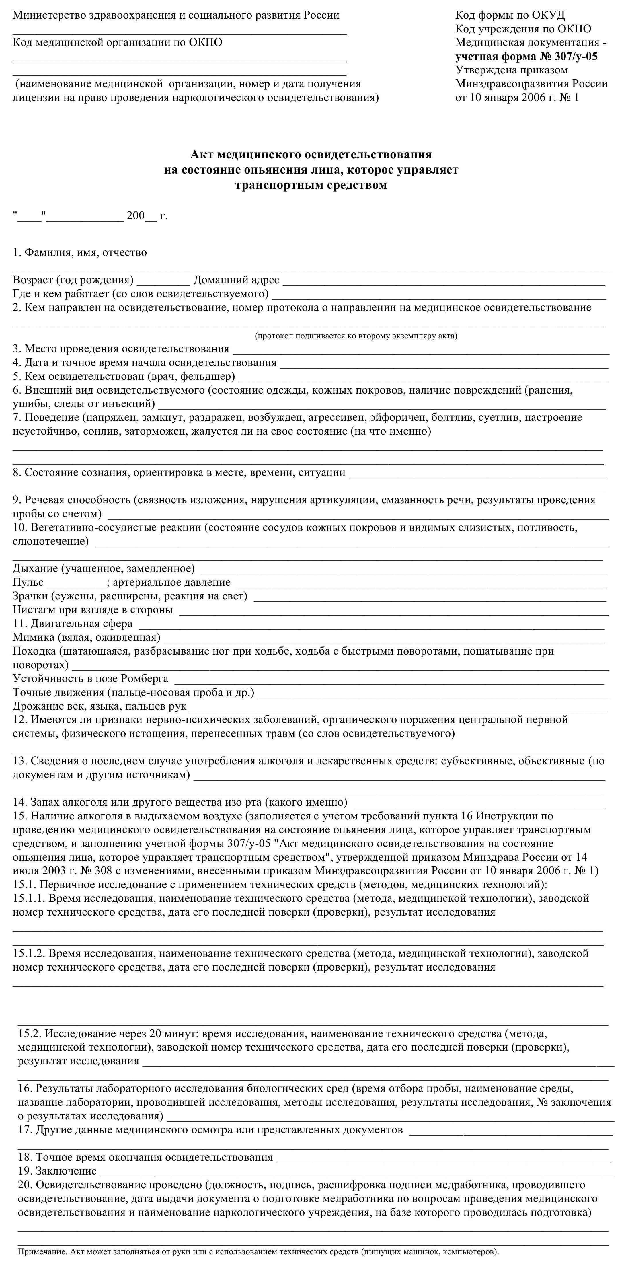 Результаты медицинского освидетельствования и соответствующие бланки